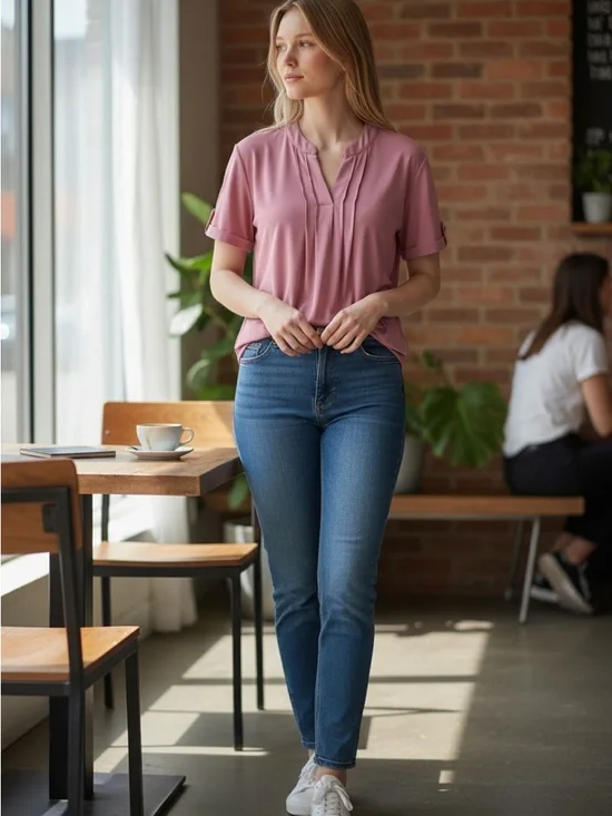 Women’s Roll-Sleeve V-Neck Top in Dusty Rose - Picture 5 of 7